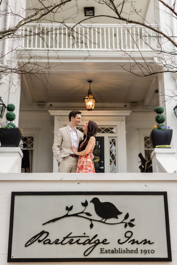 Portraits of the engaged couple at The Partridge Inn Augusta GA